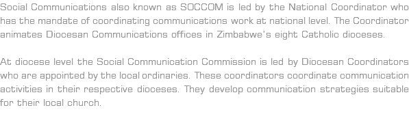 Social Communications also known as SOCCOM is led by the National Coordinator who has the mandate of coordinating communications work at national level. The Coordinator animates Diocesan Communications offices in Zimbabwe’s eight Catholic dioceses. At diocese level the Social Communication Commission is led by Diocesan Coordinators who are appointed by the local ordinaries. These coordinators coordinate communication activities in their respective dioceses. They develop communication strategies suitable for their local church. 